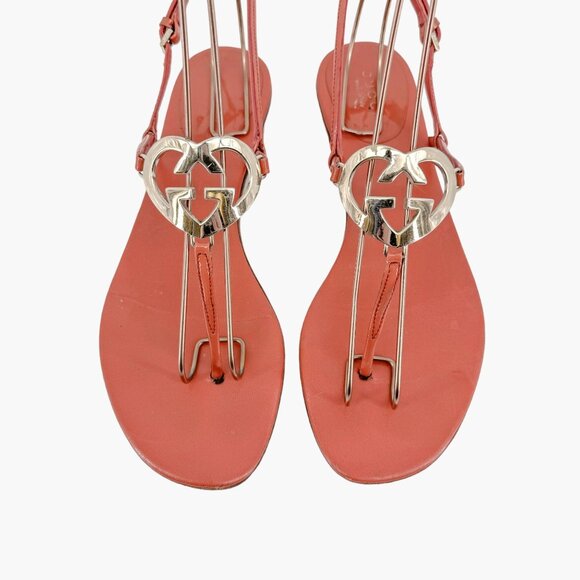 Gucci Interlocking GG Heart T-Strap Flat Sandals EU 37 US 7 Coral Pink Leather - Picture 3 of 12